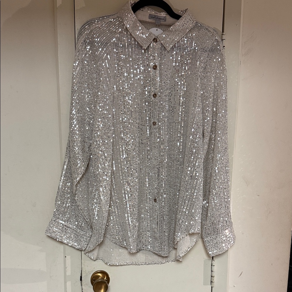 Sequin Button-Up Blouse - Silver